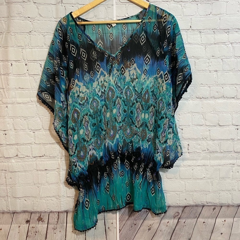 Harlow Zee Womens Size Large Peacock Pattern Sheer Swim Coverup